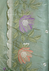 Sage Green - Roshini - Pure Crushed Tissue Silk with Embroidery Work with Scallop - Best for Evening Functions