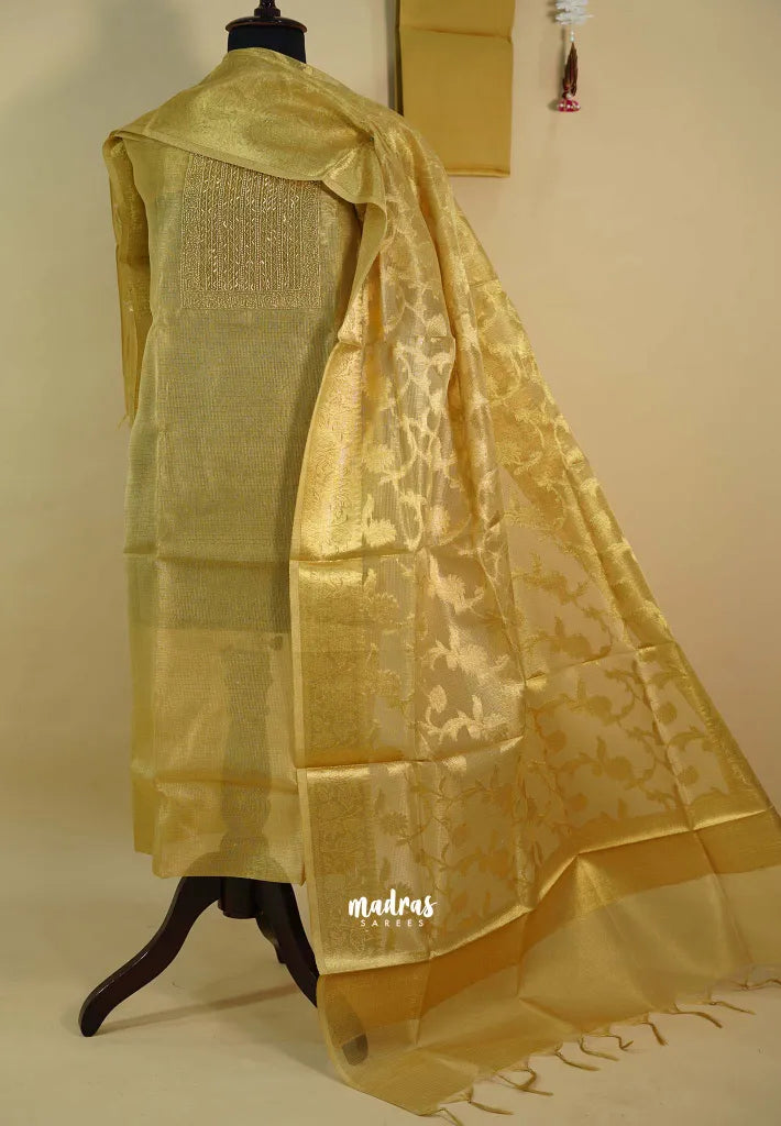 Amitha – Pure gold color tissue silk heavy work yoke with banarasi dupatta