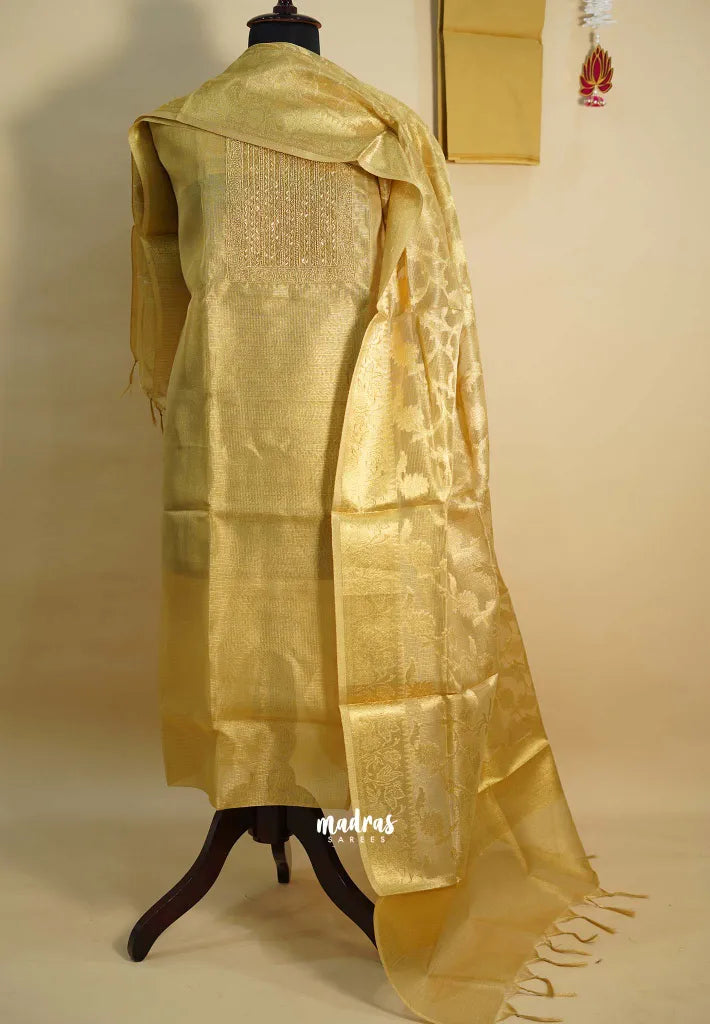 Amitha – Pure gold color tissue silk heavy work yoke with banarasi dupatta