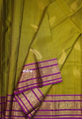 Fresh Olive Green - Kumudavalli - Pure Kanchivaram Wedding Bridal Silk Saree Checks with Leaf Buttas and Peacock Border - Perfect for Wedding Functions