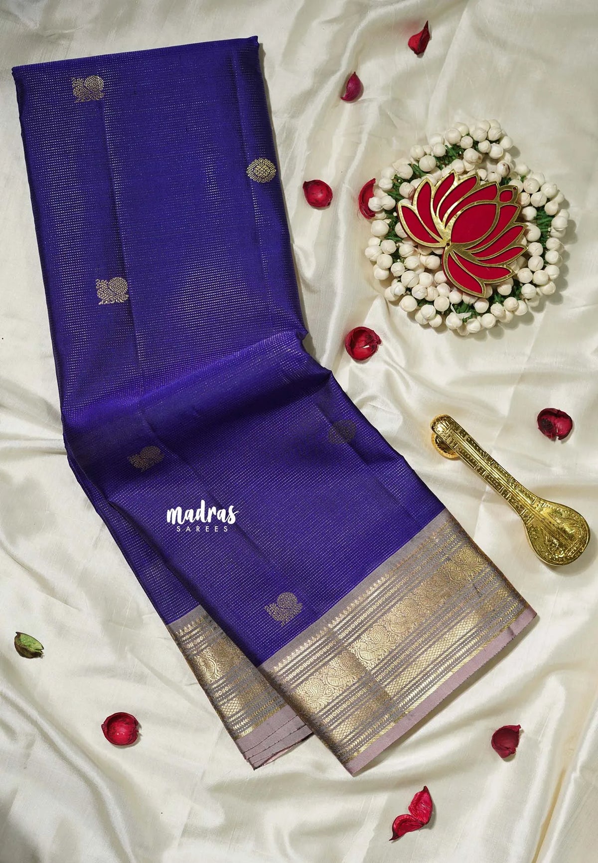 Violet Blue - Kumudavalli - Pure Kanchivaram Wedding Bridal Silk Saree Vaira Oosi Weaving Annam and Rudraksham Buttas with Annam Border - Perfect for Wedding Functions