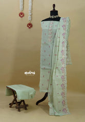Amitha – Pastel Sea Green Pure kota silk with pichwai cow embroidery yoke and scallop work dupatta