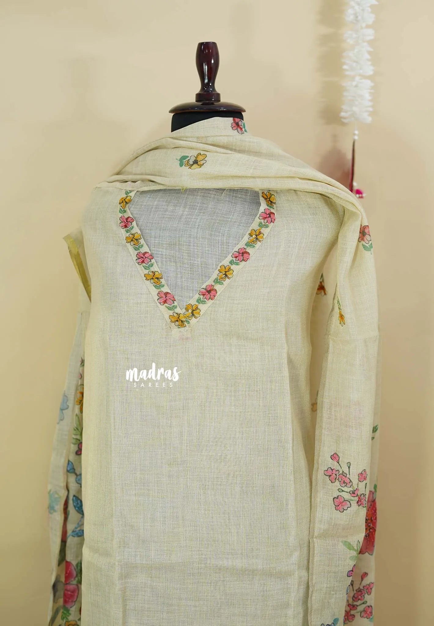 Amitha – Ivory Cream Premium linen Salwar Suit with Floral Digital Prints + Hand-Stitched Embroidery