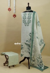 Amitha – Ivory with Sage Green Pure linen salwar set with  Digital Prints + Hand-Stitched Embroidery