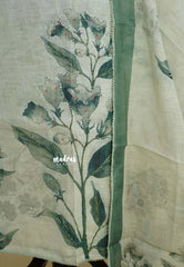 Amitha – Ivory with Sage Green Pure linen salwar set with  Digital Prints + Hand-Stitched Embroidery