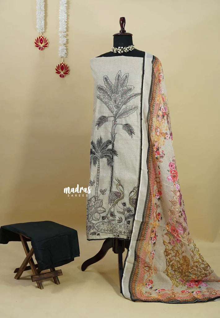 Amitha – Ivory with Black Pure linen salwar set with  Digital Prints + Hand-Stitched Embroidery