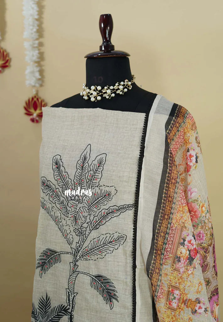 Amitha – Ivory with Black Pure linen salwar set with  Digital Prints + Hand-Stitched Embroidery