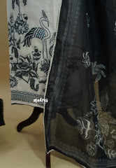 Amitha – White with Black Pure linen salwar set with  Digital Prints + Hand-Stitched Embroidery