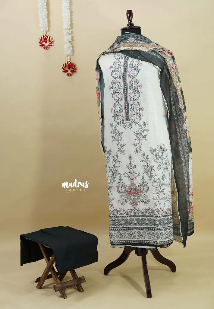 Amitha – White with Charcoal Pure linen salwar set with  Digital Prints + Hand-Stitched Embroidery