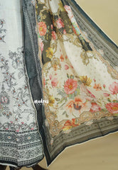 Amitha – White with Charcoal Pure linen salwar set with  Digital Prints + Hand-Stitched Embroidery