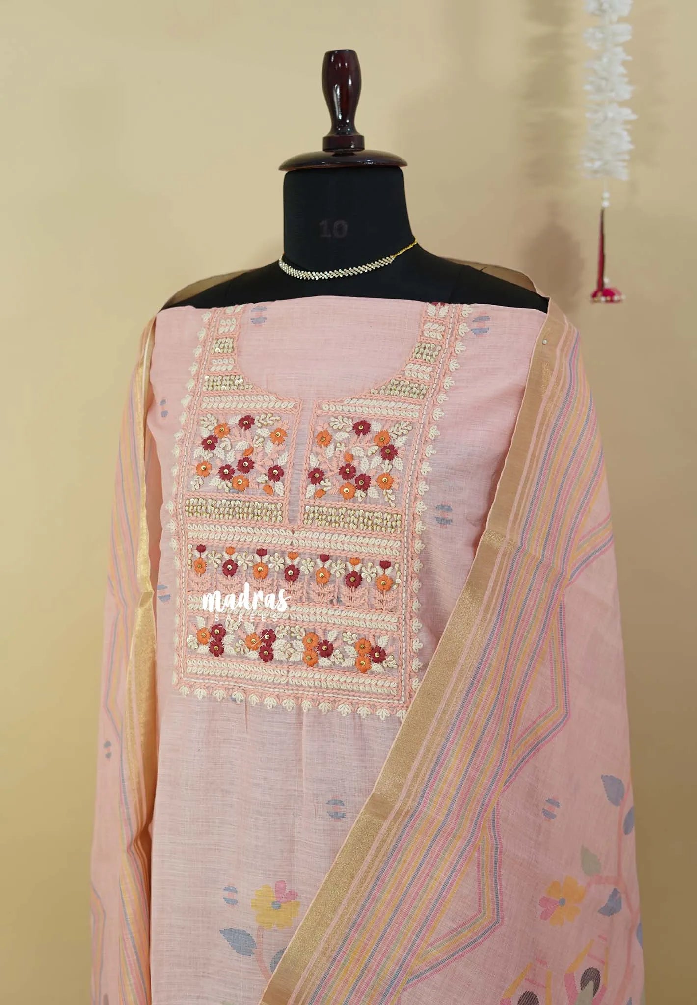 Amitha – Peach Pink Pure linen salwar set with Embroidery Yoke and  Jamdani Prints