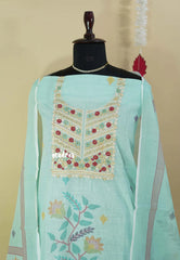 Amitha – Sea Green Pure linen salwar set with Embroidery Yoke and  Jamdani Prints