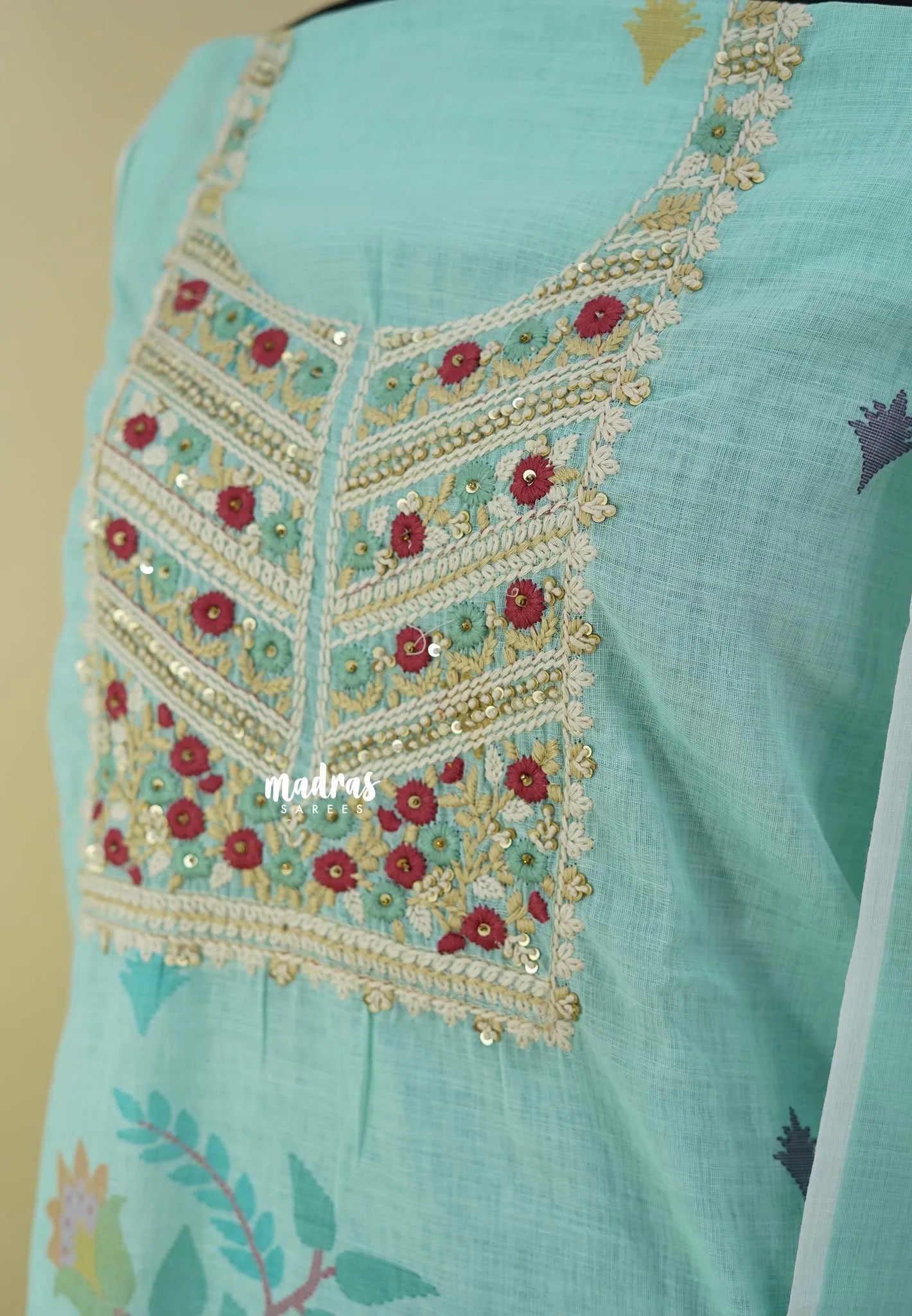 Amitha – Sea Green Pure linen salwar set with Embroidery Yoke and  Jamdani Prints