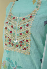 Amitha – Sea Green Pure linen salwar set with Embroidery Yoke and  Jamdani Prints