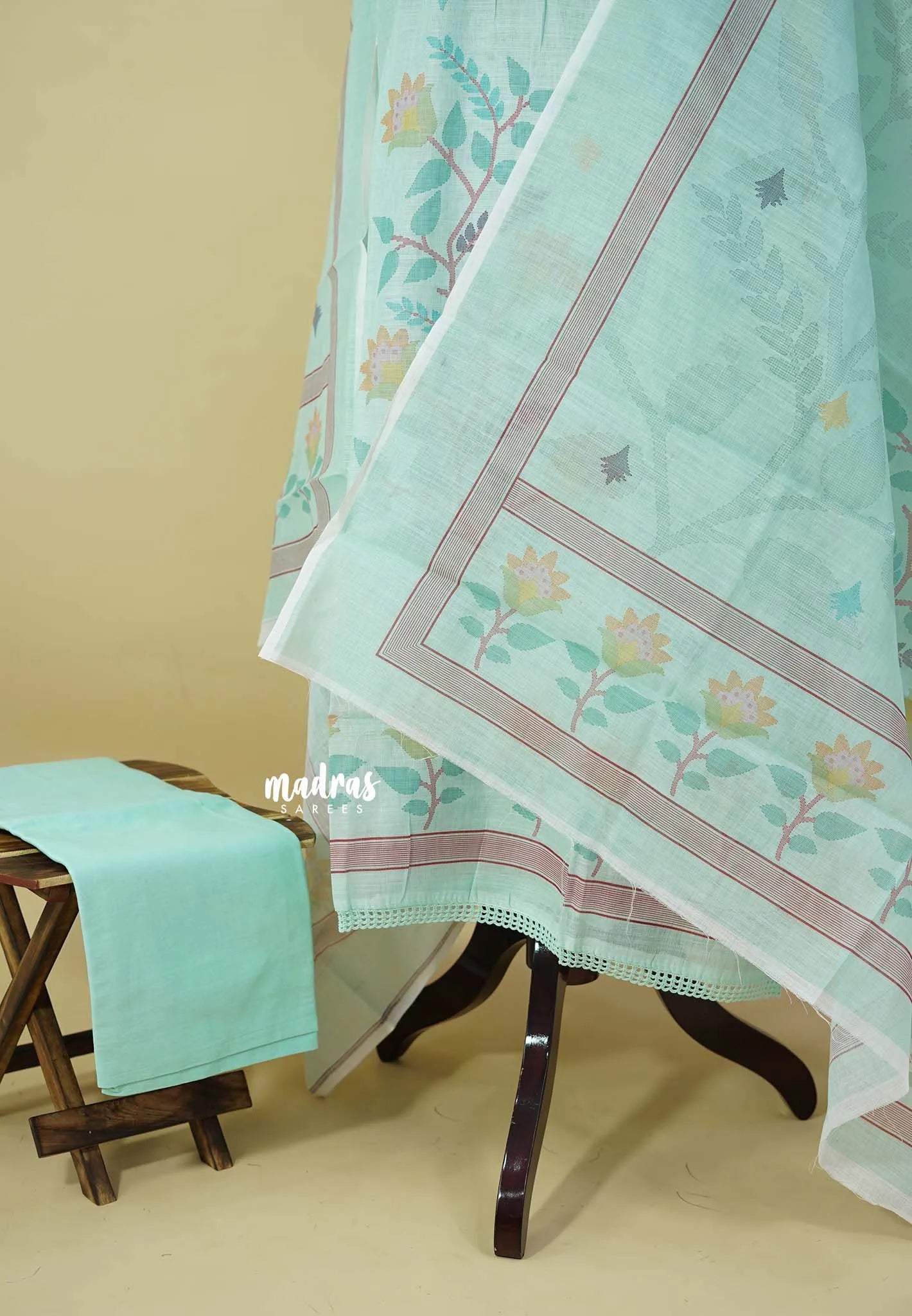 Amitha – Sea Green Pure linen salwar set with Embroidery Yoke and  Jamdani Prints