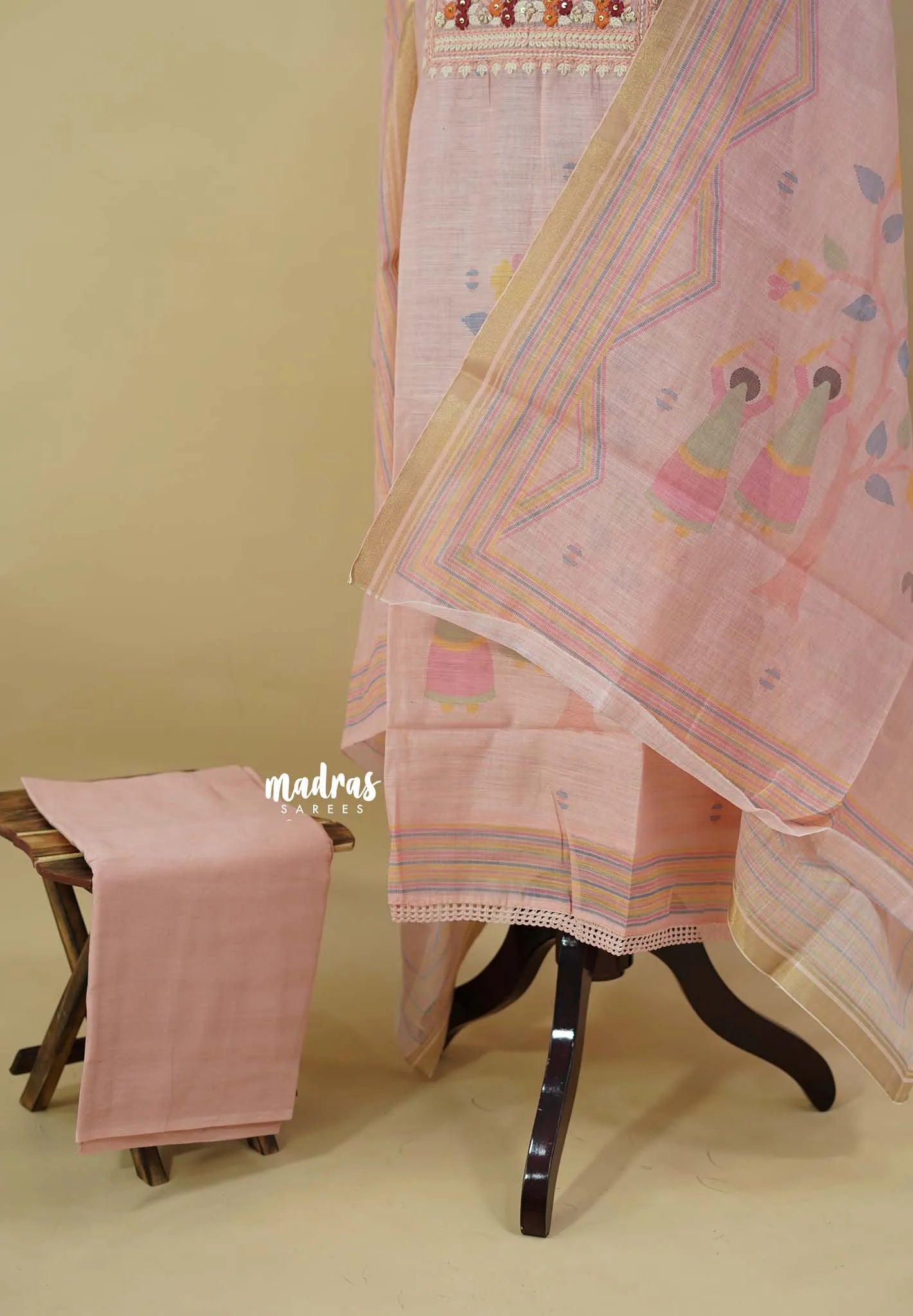 Amitha – Peach Pink Pure linen salwar set with Embroidery Yoke and  Jamdani Prints