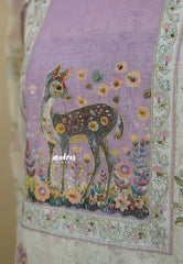 Amitha – Ivory with Lavender Pure Linen Salwar Suit with kottapatti lace work and deer digital prints