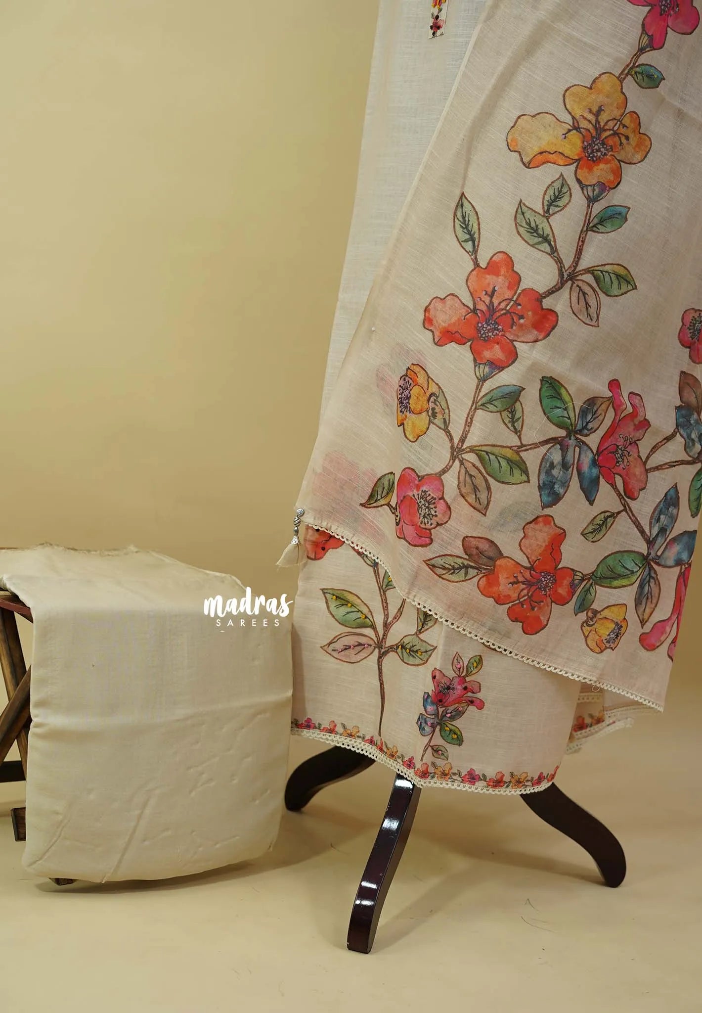 Amitha – Ivory Beige Pure linen salwar suit set with floral digital prints