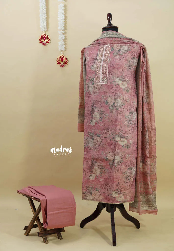 Amitha – Muted Rose Pink Pure linen salwar set with  Digital Prints + Hand-Stitched Embroidery