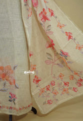 Amitha – Beige Sandal Premium linen Salwar Suit with Floral Digital Prints + Hand-Stitched Embroidery