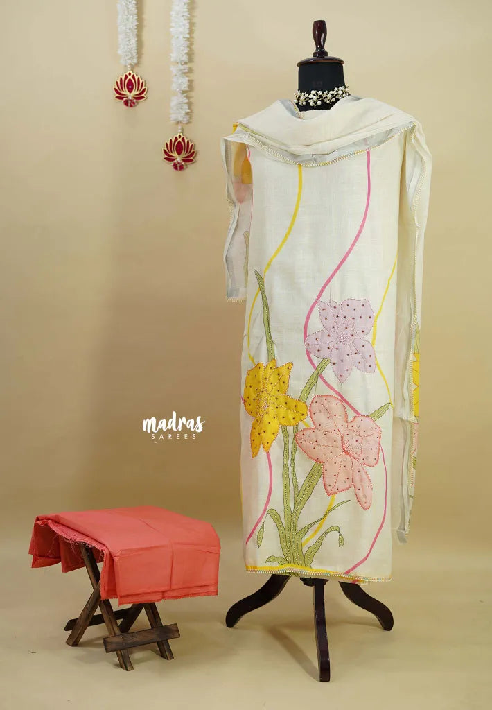 Amitha – Beige Premium linen Salwar Suit with Floral Digital Prints + Hand-Stitched Embroidery