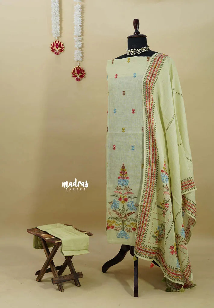 Amitha – Pastel Lemon Premium linen Salwar Suit with tree Prints + Hand-Stitched Embroidery
