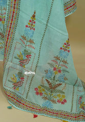 Amitha – Mint Blue Premium linen Salwar Suit with tree Prints + Hand-Stitched Embroidery