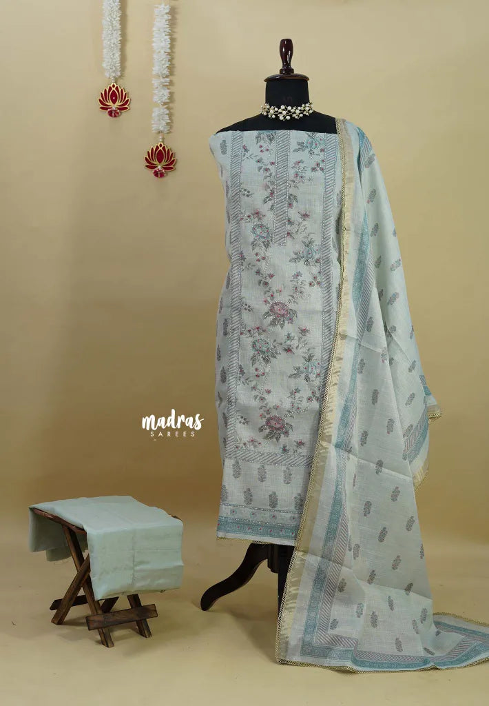 Amitha – Pastel Muted Blue Premium linen Salwar Suit with Floral Digital Prints + Hand-Stitched Embroidery