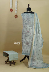 Amitha – Pastel Muted Blue Premium linen Salwar Suit with Floral Digital Prints + Hand-Stitched Embroidery