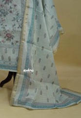 Amitha – Pastel Muted Blue Premium linen Salwar Suit with Floral Digital Prints + Hand-Stitched Embroidery