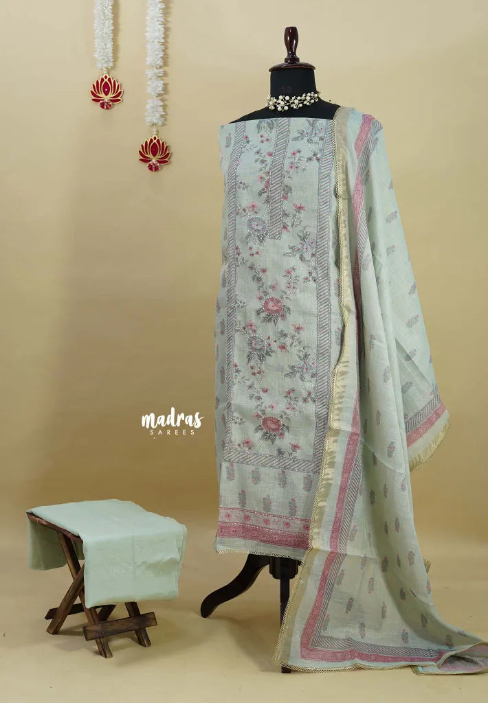 Amitha – Pastel Mint Green Premium linen Salwar Suit with Floral Digital Prints + Hand-Stitched Embroidery