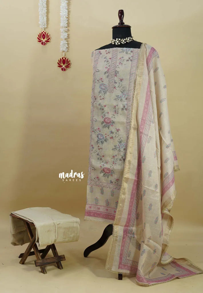 Amitha – Beige Sandal Premium linen Salwar Suit with Floral Digital Prints + Hand-Stitched Embroidery