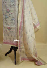 Amitha – Beige Sandal Premium linen Salwar Suit with Floral Digital Prints + Hand-Stitched Embroidery