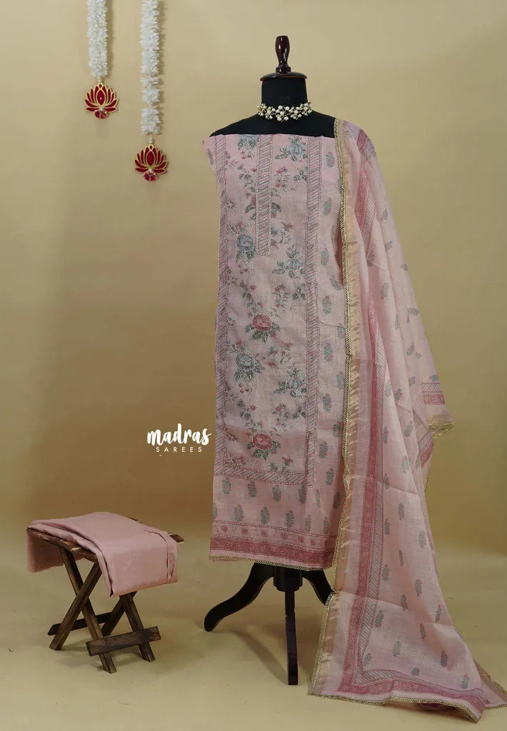 Amitha – Pastel Pink Premium linen Salwar Suit with Floral Digital Prints + Hand-Stitched Embroidery
