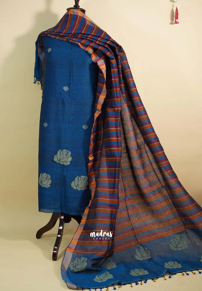 Amitha – Peacock blue Pure organic linen set with hand weaved floral motif only top and dupatta