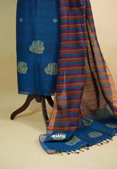 Amitha – Peacock blue Pure organic linen set with hand weaved floral motif only top and dupatta