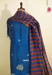 Amitha – Peacock blue Pure organic linen set with hand weaved floral motif only top and dupatta