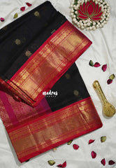 Ebony Black - Meenakshi - Light Weight Pure Silk Cotton Saree Traditional Border with Buttas Contrast Pallu and Blouse - Perfect for Wedding Functions