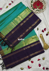 Dual Shade Blue Green - Meenakshi - Light Weight Pure Silk Cotton Saree Muthu KattamBody Rudraksham and Rettapet Border Contrast Pallu and Blouse - Perfect for Wedding Functions