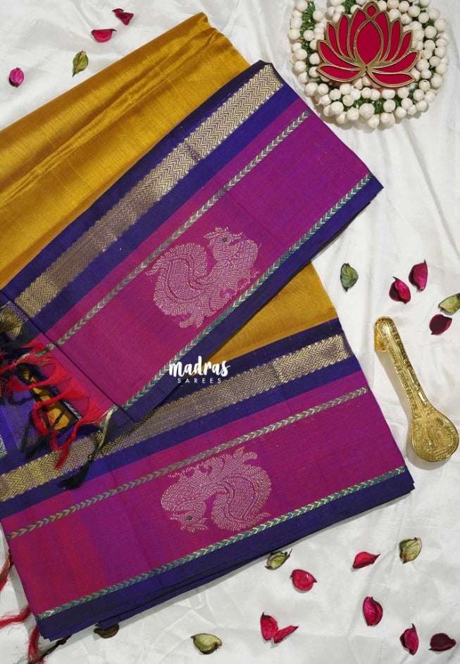 Golden Mustard Yellow - Meenakshi - Light Weight Pure Silk Cotton Saree Mayil Gap Border Contrast Pallu and Blouse - Perfect for Wedding Functions