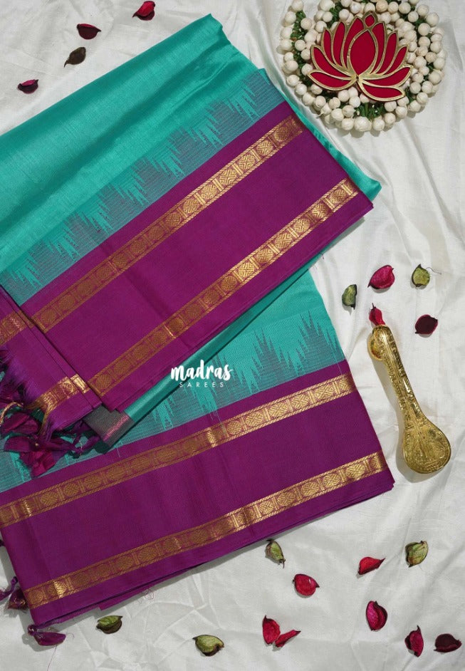 Aqua Green - Meenakshi - Light Weight Pure Silk Cotton Saree Temple Weaving Rettapet Rudraksham Border Contrast Pallu and Blouse - Perfect for Wedding Functions