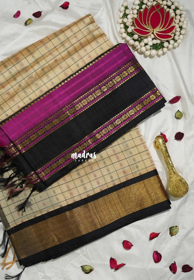 Sandal Beige - Meenakshi - Meenakshi - Light Weight Pure Silk Cotton Saree Laksham Buttas in Checks Body with Rettapet Border - Perfect for Wedding Functions