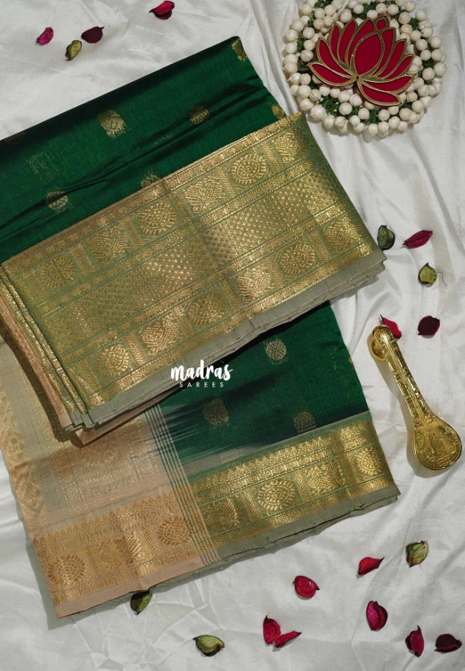 Dark Classic Green - Meenakshi - Light Weight Pure Silk Cotton Saree Rudraksham, Annam Buttas With Big Traditional Getti Border  Contrast Pallu and Blouse - Perfect for Wedding Functions
