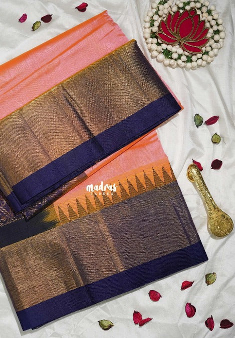 Dual Shade Candle Light Peach - Meenakshi - Light Weight Pure Silk Cotton Saree with Getti Border Contrast Pallu and Blouse - Perfect for Wedding Functions