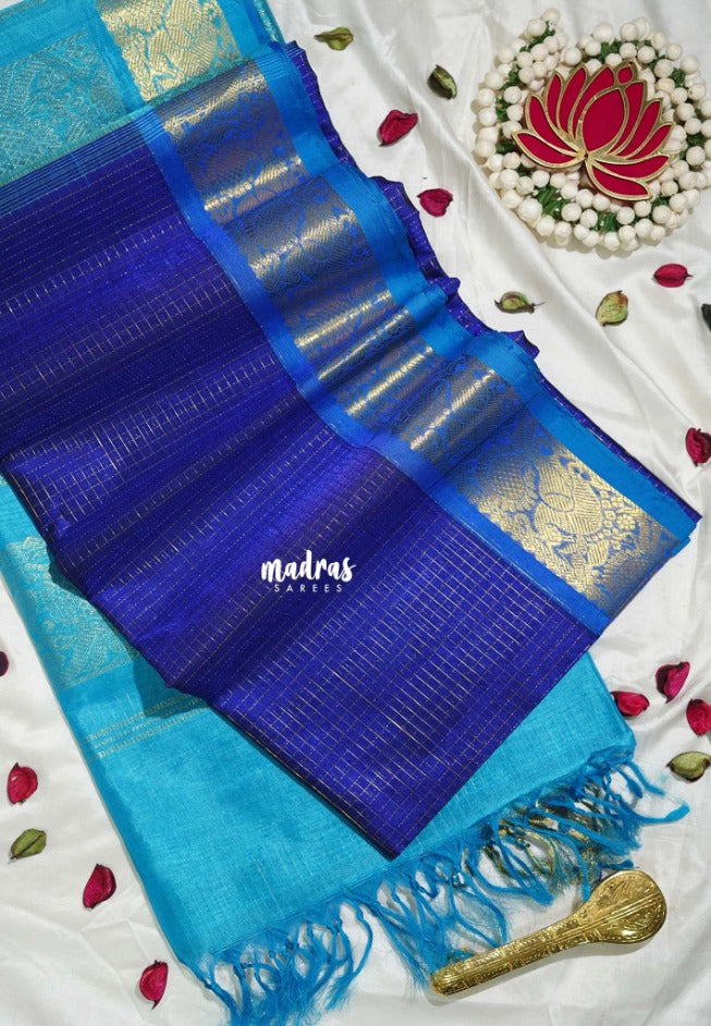 MS Amma Blue - Meenakshi - Light Weight Pure Silk Cotton Saree with Zari Muthu Kattam Body Mayil Border Contrast Pallu and Blouse - Perfect for Wedding Functions