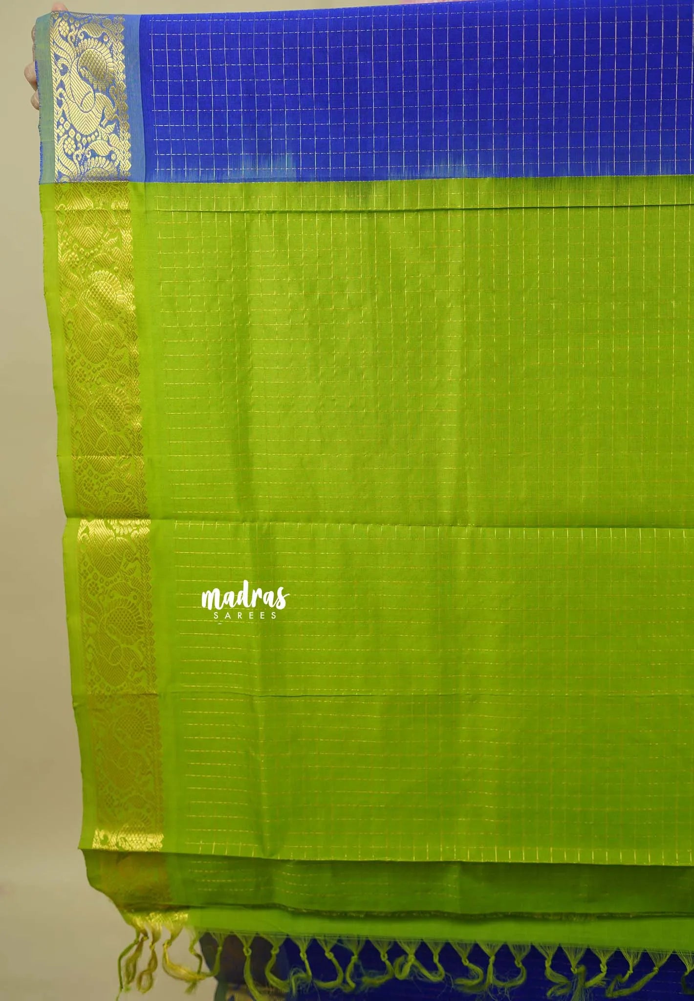 MS Blue with Green - Vaibhogam - Pure Silk Cotton with Kattam Body with Gaja Mayura Zari Border