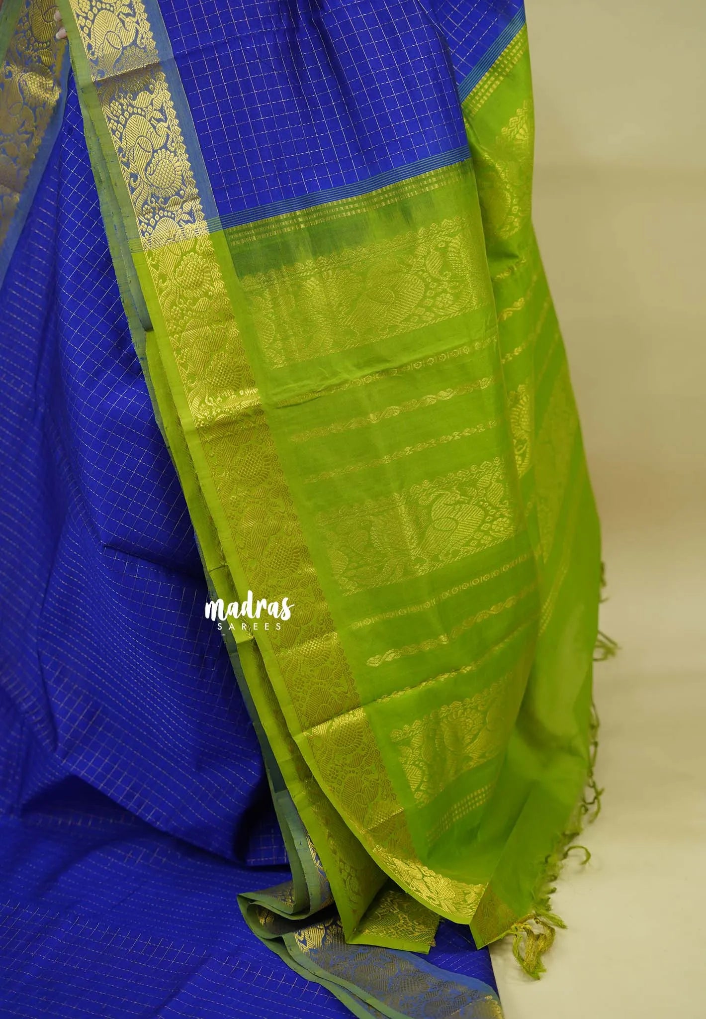 MS Blue with Green - Vaibhogam - Pure Silk Cotton with Kattam Body with Gaja Mayura Zari Border