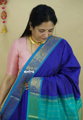 MS Blue with Turquoise Blue - Vaibhogam - Pure Silk Cotton with Kattam Body with Gaja Mayura Zari Border