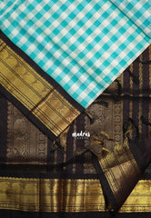 Turquoise Green and Ivory White - Meenakshi - Light Weight Pure Silk Cotton Saree Checks Weaving with Mango Border Contrast Pallu and Blouse - Perfect for Wedding Functions