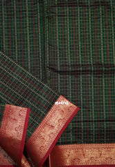 Bottle Green - Meenakshi -  Light Weight Pure Silk Cotton Saree Laksham Buttas in Checks Body with Mayil Border - Perfect for Wedding Functions